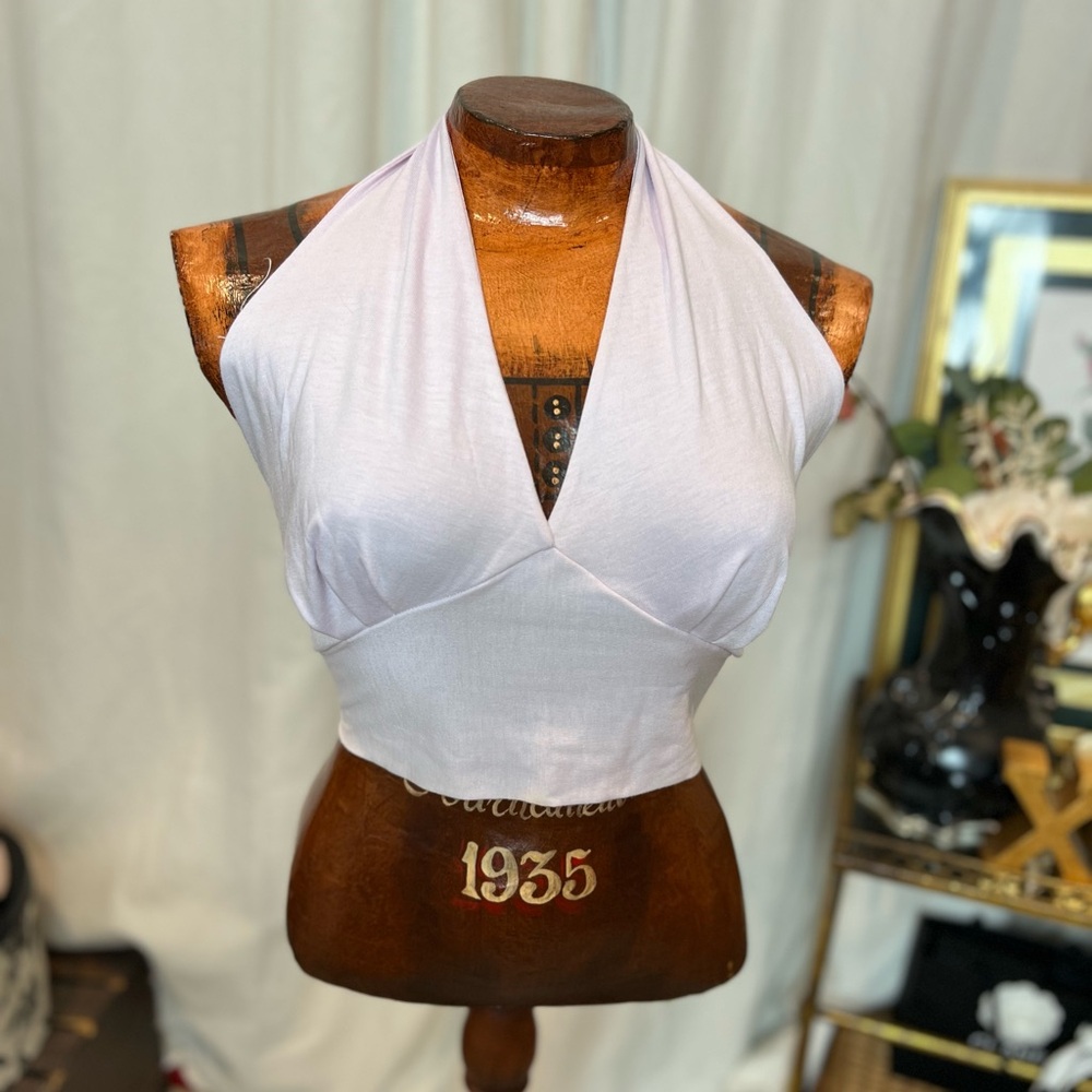 💜 Vintage 60s/70s Purple Lilac Halter Top – Tie Back Open Back Retro